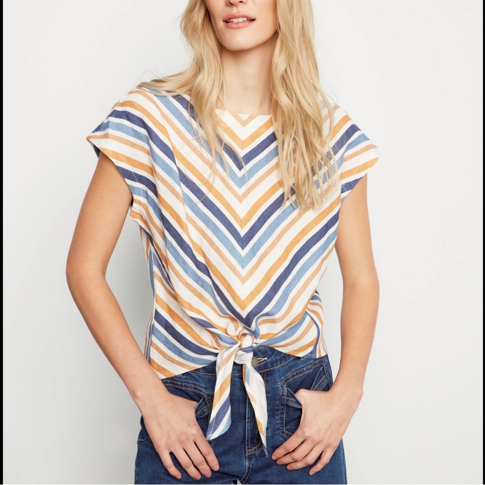 NWT Charlie Striped Linen -Blend Tie Front Blouse Denim